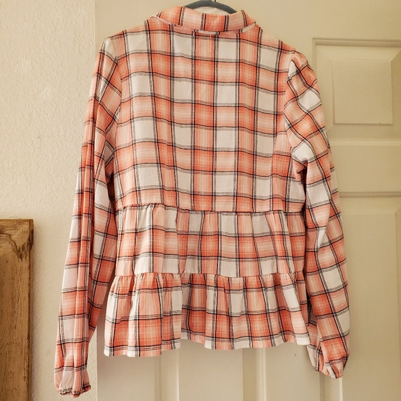 Blue Rain Pink Coral White Babydoll Peplum Style Button Down Long Sleeve Top MED - Picture 3 of 4